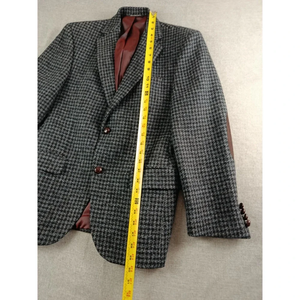 Harris Tweed Blazer Mens 38 S Charcoal Houndstouth Wool Elbow Patches Jacket
